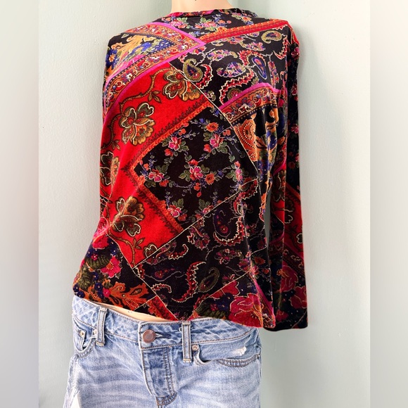 💫Stunning Vintage 90s Y2K Vivid Velvet Floral Paisley Patchwork Long Sleeve Top - Picture 11 of 15